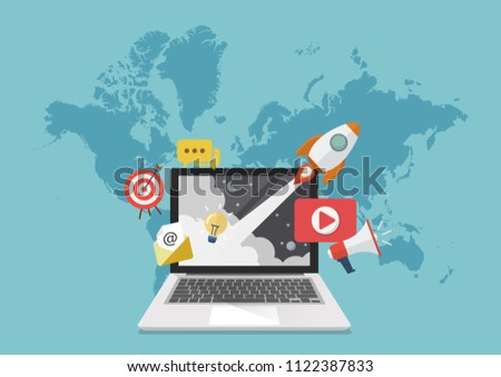 Digital marketing concept with world map background. Vector illustration