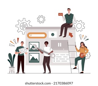 Digital Marketing concept. Young men and women create content or landing pages for promotion on Internet or social networks. Online advertising for business. Cartoon flat vector illustration