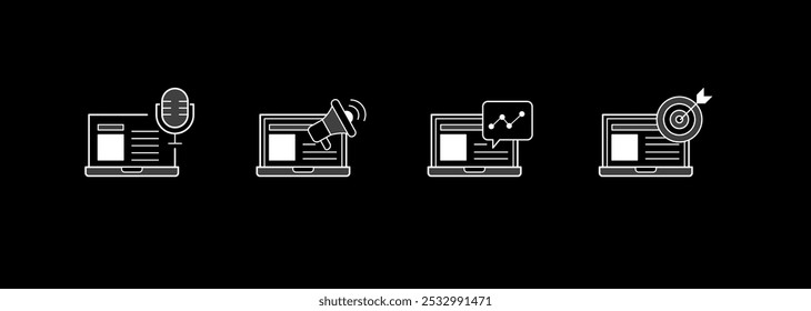 Ícones de Marketing Digital e Criação de Conteúdo. Criação de conteúdo de áudio ou podcast. Publicidade ou promoção de mídia social. Marketing digital direcionado.