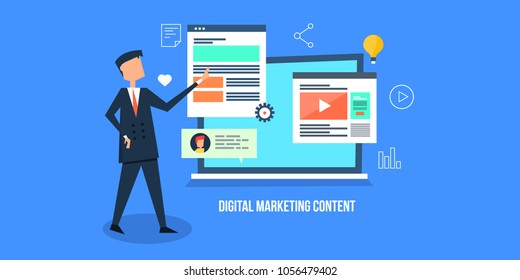 Digital marketing content - Man promoting digital content - Business advertising online flat vector banner on blue background