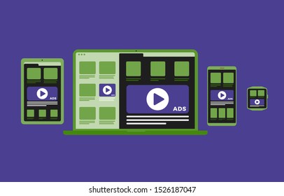 Digital marketing content on multiple devices and platform - Native Programmatic Advertising cross targeting ads concept. Laptop, Tablet PC, mobile phone and smart watch on color background