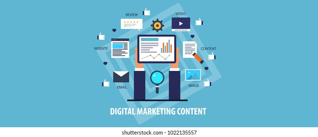 Digital marketing content, Content marketing, optimization and strategy flat vector illustration with icons on blue background