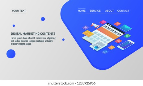 Digital marketing contents - Digital content - Marketing technology - Business strategy - 3D isometric banner