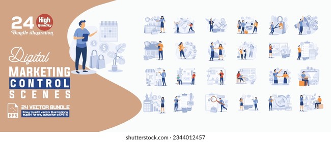Digital marketing control scenes concept illustration, collection of male and female business people scenes in the digital marketing control scenes. mega set flat vector modern illustration