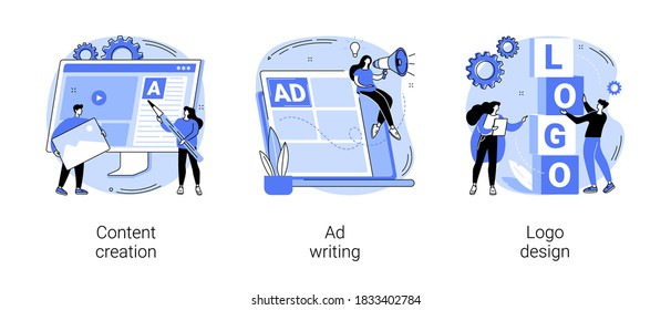 Digital Marketing Copywriting Abstract Concept Vector Illustration Set. Content Creation, Ad Writing, Logo Design, Blog Post, Social Media, Company Website, Viral Content, Client Abstract Metaphor.