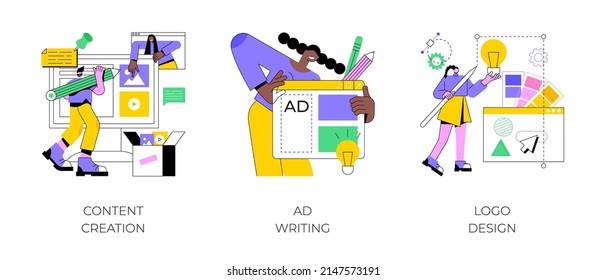 Digital Marketing Copywriting Abstract Concept Vector Illustration Set. Content Creation, Ad Writing, Logo Design, Blog Post, Social Media, Company Website, Viral Content, Client Abstract Metaphor.