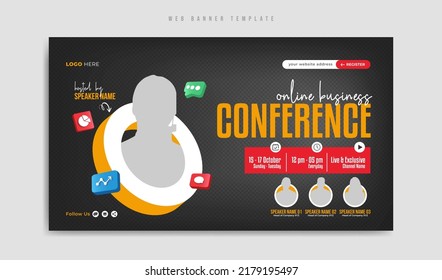 Digital Marketing And Corporate Business Online Webinar Or Conference Web Banner Template With Logo And Icon. Annual Meeting Or Seminar Event Promotion Flyer And Poster. Social Media Post Background.