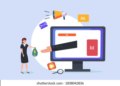Digital marketing cost vector concept: Businesswoman paying digital marketing cost