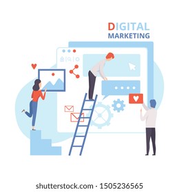 Digital Marketing, Creative Team Working on Web Images, Content and Management Strategy, Business Analysis Flat Vector Illustration