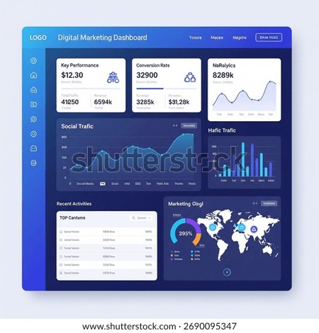 A digital marketing dashboard displaying key performance indicators, conversion rates, and traffic analytics.