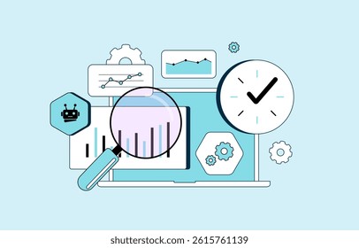 Digital marketing dashboard with real-time analytics, performance tracking, automated reports, and AI-driven insights to boost SEO strategy, conversion rates and online visibility vector illustration