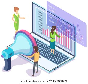 Digital marketing, data analysis concept. Loudspeaker near laptop with statistics on screen. People working in marketing, advertising analyze statistical indicators. Product progress report on screen