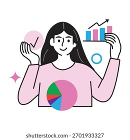 Digital marketing data analysis concept. Female professional analyzing business data with charts, celebrating successful growth and achievement.