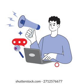 Digitales Marketing-Datenanalysekonzept. Digital Marketing-Spezialist kündigt Online-Strategie mit einem Megaphon, Laptop, Chat und Suchsymbole.