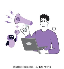 Concepto de análisis de datos de marketing digital. Concepto de marketing y comunicación digital, un hombre y un robot con portátil y megáfono para publicidad en línea.