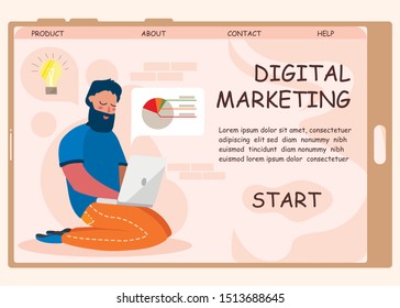 Digital Marketing and Data Analysis Landing Page on Mobile Screen. Cartoon Man Character Working on Laptop. Freelancer Brainstorming, Having Idea, Analyzing Charts and Graphs. Vector Illustration
