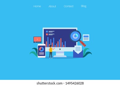 Digital marketing, data analysis, Man analyzing marketing data on computer screen - flat vector conceptual banner isolated on blue background