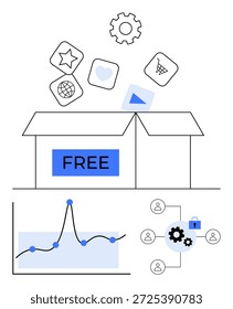 Marketing digital, análisis de datos, herramientas en línea, compromiso del usuario, ciberseguridad, comercio electrónico. Caja etiquetada gratis con iconos y gráficos. Concepto de marketing digital y análisis de datos