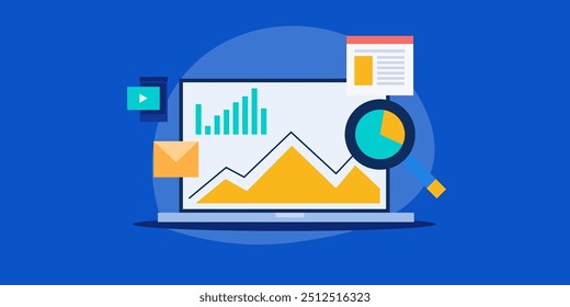 Análise de dados de marketing digital, Revisando o relatório de marketing na tela do laptop, Relatório de geração de software de marketing - plano de fundo de ilustração vetorial.