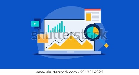 Digital marketing data analytics, Reviewing marketing report on laptop screen, Marketing software generating report - vector illustration background.