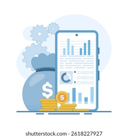 Conceito de dados de marketing digital. Celular com Gráfico de Dados e Moedas. Marketing digital. Estratégia de desenvolvimento comercial de publicidade. Análise de mídias sociais. Ilustração de design de desenho animado plano.