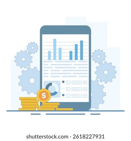 Digital Marketing Data Concept. Mobile Phone with Data Graph and Coins. Digital marketing. Advertising business development strategy. Social media analysis. Flat cartoon design illustration.