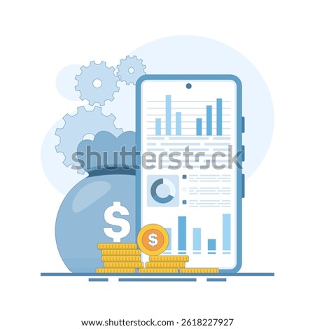 Digital Marketing Data Concept. Mobile Phone with Data Graph and Coins. Digital marketing. Advertising business development strategy. Social media analysis. Flat cartoon design illustration.