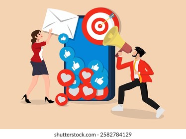 Digital marketing depicts a man speaking over a loudspeaker and a woman carrying an email message. Influencer marketing, social media promotion, and networking. Bloggers promote services and products.