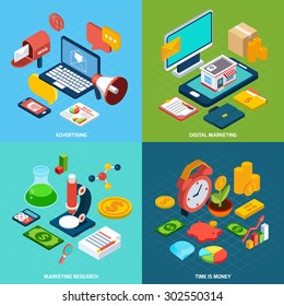 Digital Marketing Design Concept Set With Advertising Research Isometric Icons Isolated Vector Illustration