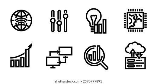 Digital marketing and development or data service general icons set - internet, options, lightbulb, processor. And chart, connection, analysis and cloud uploading. Pictograms for website in bold line