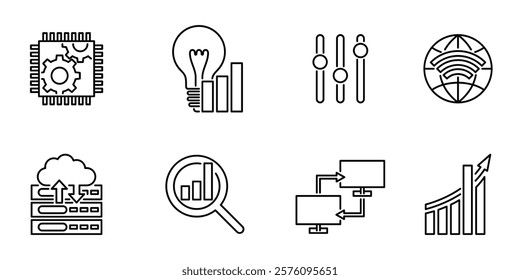 Digital marketing and development or data service general icons set - internet, options, lightbulb, processor. And chart, connection, analysis and cloud uploading. Pictograms for website in thin line