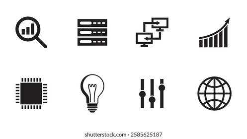 Digital marketing and development or data service general icons set - internet, options, lightbulb, processor. And chart, connection, analysis and cloud uploading. Pictograms for website in monochrome