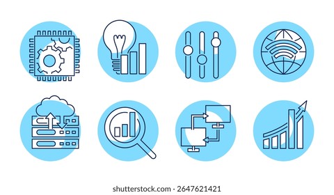 Digital marketing and development or data service general icons set - internet, options, lightbulb, processor. And chart, connection, analysis and cloud uploading. Pictograms for website in thin line