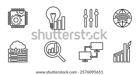 Digital marketing and development or data service general icons set - internet, options, lightbulb, processor. And chart, connection, analysis and cloud uploading. Pictograms for website in thin line