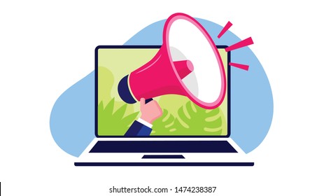 Digital marketing development with laptop and computer. design for landing page. bright vector isolated illustration