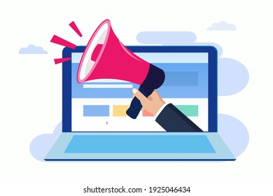 Digital marketing development with laptop and megaphone. landing page website illustration flat vector template.