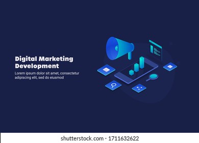 Digital marketing development, Mobile marketing, Website advertising, Traffic analysis - conceptual isometric vector banner with icons
