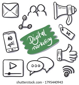 Digital Marketing Doddle Vector Set. Digital Advertising Related icon set with hand drawn style