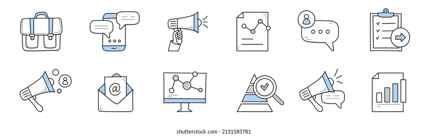 Digital marketing doodle business icons briefcase, smartphone with speech bubbles, hand with megaphone, report with diagram, e-mail envelope, pyramid graph with magnifier, Line art vector illustration