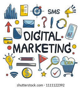 Digital marketing doodle set. Vector illustration.Hand drawn.