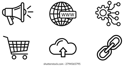Digital Marketing E Commerce Web Technology And Online Communication Line Icon Set For Modern Business Platforms