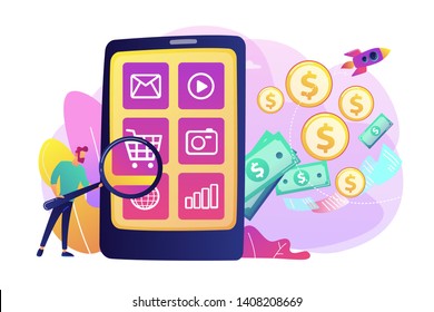 Digital marketing, e-commerce. Buyer flat character shopping online. App monetization, mobile app advertisement, app download promotion concept. Bright vibrant violet vector isolated illustration
