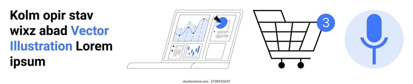 Marketing digital, e-commerce, análise de dados, inteligência artificial, ferramentas tecnológicas, comportamento do consumidor. Um notebook com gráficos, um carrinho de compras e um microfone. Marketing digital e comércio eletrônico