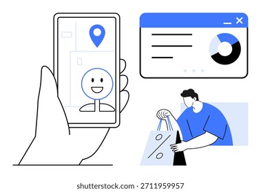Marketing digital, comercio electrónico, seguimiento de datos, navegación, venta minorista, aplicaciones móviles. Una mano que sostiene un teléfono inteligente, una interfaz de gráfico circular y un comprador con bolsas. Comercio electrónico y seguimiento de datos