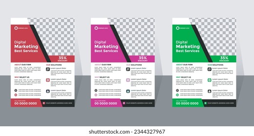 Digital marketing editable 3 color Business best corporate business flyer template design set with red, green and pink color marketing business proposal promotion advertise