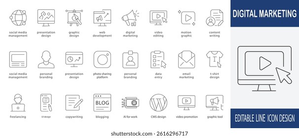 Digital marketing editable line icon art. with freelancing, video editing, copywriting, blogging, personal branding and more symbol