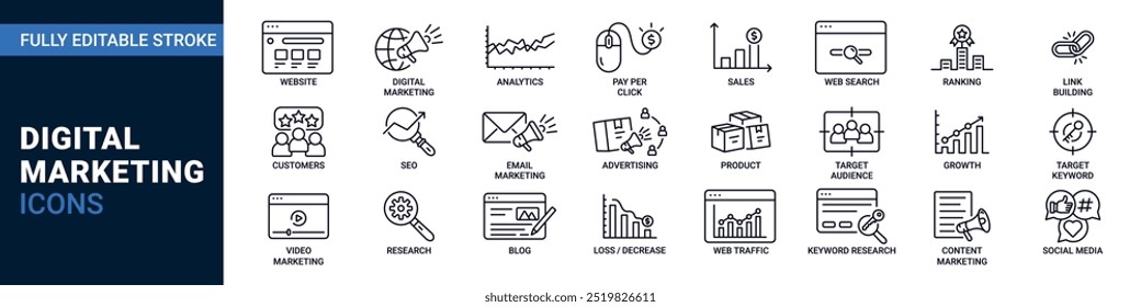 Digital marketing editable stroke icon set. Included seo, social media and sales vector symbol.