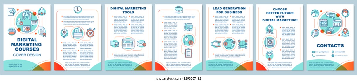 Digital marketing education brochure template layout. Online sales courses. Flyer, booklet, leaflet print design. Business tools. Vector page layouts for magazines, annual reports, advertising posters