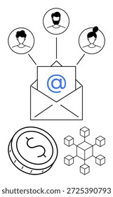 Marketing digital, redes de correo electrónico, sistema blockchain, transacciones financieras, colaboración en línea, privacidad de datos. Sobre con símbolo de correo electrónico, iconos de usuario, monedas y nodos de blockchain. Correo electrónico