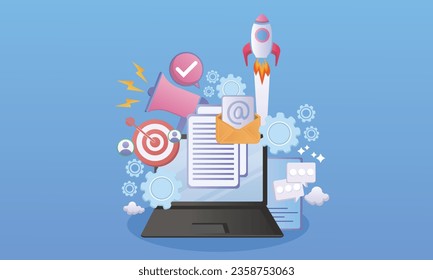 Digital Marketing, Email and Social Media Marketing.on blue background.Vector Design Illustration.